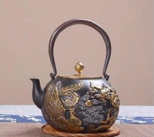 国内稀少！茶壺 手彫り鉄壺 鉄やかん 鉄分補給 未塗装鉄器 茶道具 1.3L