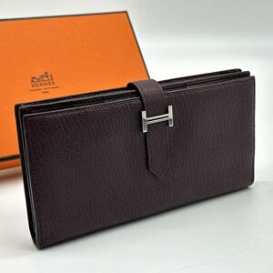 HERMES エルメス 長財布 ベアンスフレ シェーブル レザー マチ付き レザン パープル シルバー金具 メンズ レディース Ｌ刻印