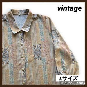 60s vintage ポリシャツ 柄シャツ モード 長袖 L レディース 古着 レトロシャツ 昭和レトロ ビンテージ ボックスシルエット レトロボタン