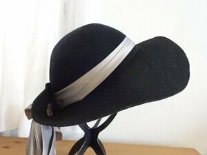 ≦ SIMPLICITE` ≧ レディース・婦人用　黒色帽子　つば広ハット　リボン付　サイズ５７cm〜５９cm　ウール　韓国製