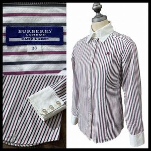 送料無料 G② BURBERRY BLUE LABEL バーバリーブルーレーベル 三陽商会 ホース ロゴ 刺繍 ストライプ 総柄 長袖 クレリック シャツ M