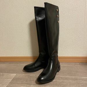 HA942 未着用 レディース ロングブーツ black size38 ゴールド スタッズ レザーブーツ