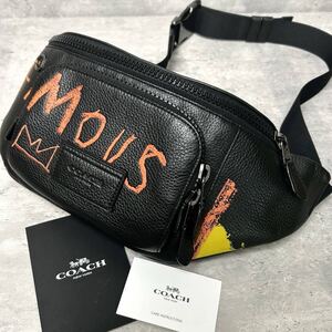 幻の一品 ◆未使用級/完売品◆ COACH コーチ メンズ ボディ ウエストバッグ 肩掛け バスキアコラボ Jean-Michel オールレザー ブラック