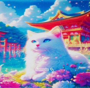 【A4】ネコ日本帝国 27 神社白猫 手描き&CG 絵画イラストオリジナル原画 Cat Empire Shrine white cat Hand drawn painting original art