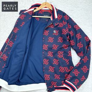 【極美品Lサイズ!!!】PEARLY GATES パーリーゲイツ ロゴ総柄 ジャケット レッド×ブルー 裏地メッシュ 胸ロゴ ゴルフ メンズ サイズ5