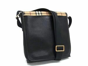 1円 ■美品■ BURBERRY バーバリー ノバチェック レザー クロスボディ ショルダーバッグ 斜め掛け メンズ ブラック系×ベージュ系 FA9875