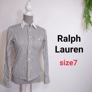 Ralph Lauren ストライプ柄シャツ 長袖 白&黒 サイズ7 S クレリック キレイめ モノトーン80088