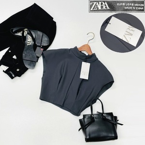 未使用品 /S/ ZARA チャコールグレー ベスト レディース タグ カジュアル トップス フェミニン 大人可愛いナイロン 春夏 ノースリーブ ザラ