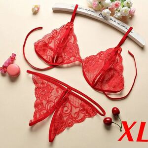 即決☆シースルーレースブラ&クロッチオープンTバック☆赤☆XL