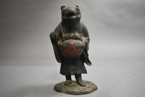 【英】A1424 時代 銅狸置物 H28.5㎝ 中国美術 朝鮮 銅製 銅器 オブジェ 骨董品 美術品 古美術 時代品 古玩