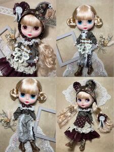 *bear brown水玉&花モチーフ* ネオブライス ブライス アウトフィット 11点セット 花柄ビジュー レース Blythe outfit *NT.DC*