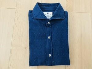 【良品】giannetto ジャンネット＊SLIMFIT＊刺繍入りホリゾンカラーシャツ＊ネイビー系＊M＊イタリア製