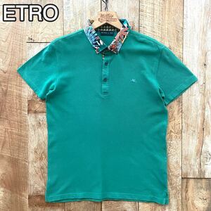 【美品】ETRO エトロ ボタニカル柄 切り替え 半袖 鹿の子 ポロシャツ S グリーン