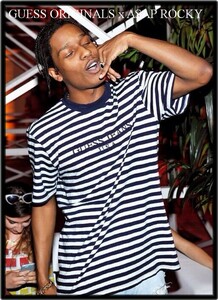 L 国内正規品 ASAP Rocky着【GUESS ゲス ORIGINALS × ASAP Rocky ボーダー Tシャツ GUE$$ A$AP】