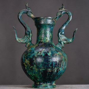 『西周・青銅器彫・雙鳳瓶』極細工 置物古賞物 中国古玩 中国古美術