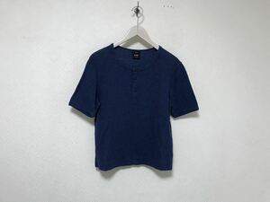 本物ヒューゴボスHUGO BOSSコットンヘンリーネック半袖TシャツメンズアメカジサーフミリタリーストリートビジネスワークスーツS紺ネイビー