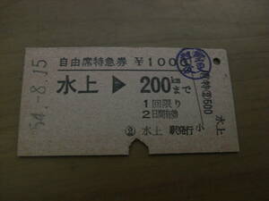 自由席特急券　水上→200kmまで　昭和54年8月15日　水上駅発行