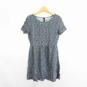 未使用品 エイチ&エム H&M ワンピース チュニック 半袖 ラウンドネック ミニ丈 花柄 EUR 32 US 2 ネイビー ※EKM レディース