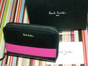 111　新品本物　ポールスミス　Paul Smith　牛革　ペイントストライプ　定期入れ(ICカード入れ)付き　ラウンドジップ　財布　箱付き