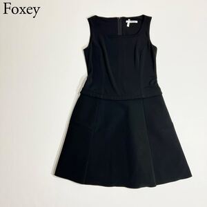 美品 FOXEY NEW YORK フォクシーニューヨーク ドレス フレアワンピース ノースリーブ ブラック マットストレッチグログラン ストレッチ 40