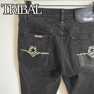 1円【激レアスキニー】TRIBAL スキニー ジーンズ 刺繍 レザー調 ポケット ノイズ ステッチ 黒 トライバル HIPHOP ブラックデニム　00s