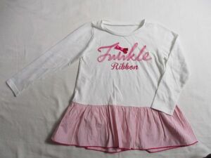 BG179【Twinkle Ribbon・トゥインクルリボン】リボン　プリント　フリル付き　長袖　Ｔシャツ　訳有　女児　白　120