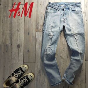 ☆H＆M エイチアンドエム☆＆DENIME ストレッチ USED クラッシュ リペア加工 スキニー デニム パンツ W29 S886