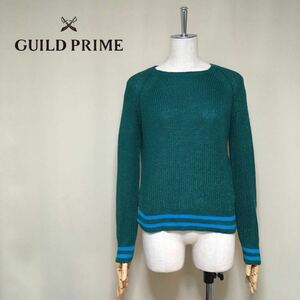 【美品】GUILD PRIME ギルドプライム 裾ライン クルーネック ニット セーター 36/Sサイズ相当 グリーン レディース トップス ラブレス