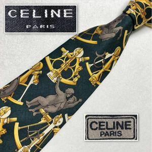 ■美品■希少デザイン■CELINE セリーヌ　ネクタイ　スカーフ風 星座モチーフ 黄金細工 総柄　シルク スペイン製 ダークグリーン×ゴールド