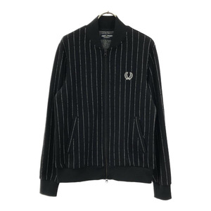 フレッドペリー 日本製 ストライプ ロゴワッペン 長袖 ジップ ブルゾン XS ブラック×ホワイト FRED PERRY メンズ