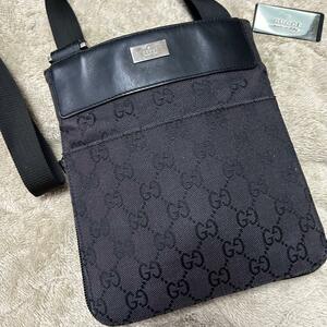 1円~【極美品】グッチ GUCCI ショルダーバッグ メンズ ビジネス サコッシュ メッセンジャー 斜めがけ GG キャンバス プレート レザー 黒