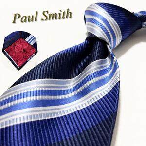 【美品】Paul Smith ポールスミス ネクタイ ストライプ柄 裏地薔薇柄 花柄 ボタニカル メンズ スーツ レジメンタル ハイブランド 高級