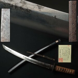 DS719 時代武具【銘 奥州住兼定】日本刀 脇差 全長61cm 刃渡40cm 重499g 登録証付 金色絵貝図縁頭 在銘 小柄小刀 江戸時代