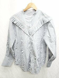 ◇ ⊂ natural couture ストライプ フリル バンドカラー 長袖 シャツ サイズF ネイビー レディース P