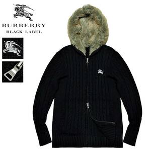 極美品 バーバリーブラックレーベル ボアファー ケーブル編み ウールニット フーデッド パーカー 3/L 黒 ジャケット BURBERRY BLACK LABEL