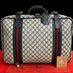 極 美品 鍵付 GUCCI グッチ オールドグッチ ヴィンテージ シェリーライン GG ロゴ 金具 レザー ボストンバッグ 旅行カバン ネイビー 20705