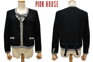 A-3998★美品★PINK HOUSE ピンクハウス 26PT-5★ブラック黒 チェック リボン 金釦 ノーカラー ジャケット フリーサイズ