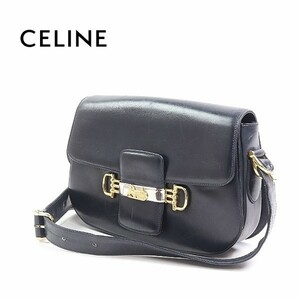 ヴィンテージ◆CELINE/セリーヌ レザー ホースキャリッジ 馬車金具 ショルダー バッグ ブラック