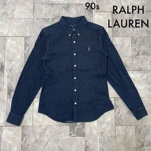 90s RALPH LAUREN ラルフローレン デニムシャツ 長袖 ストレッチ BD ボタンダウン 刺繍ロゴ ナイガイ ヴィンテージ レディース 玉SS1687