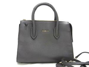 1円 ■美品■ FURLA フルラ ピン レザー 2WAY クロスボディ トートバッグ ショルダー 斜め掛け レディース グレー系 FF3070