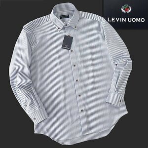 新品 山喜 LEVIN UOMO 形態安定加工 ストレッチ ボタンダウン シャツ M 白青 【YLD213_455】 メンズ ドレス BD ワイシャツ ストライプ