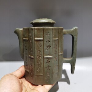 蔵友旧蔵出 紫砂壺 八方竹段壺 蒋蓉款 綠泥 茶道品 煎茶道具 文房賞物 希少珍品