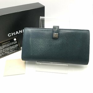 1円 良品 CHANEL シャネル ココマーク 二つ折り 長財布 ウォレット ブルー系 a3841