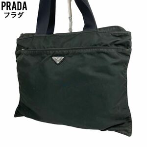 PRADA プラダ　トートバッグ　テスートナイロン　レザー　手提げ　ハンドバッグ　ショルダーバッグ　ダークグリーン　緑　三角プレート