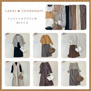 レディース服 まとめ売り コーディネート フェミニンコーデ ブラウン系 XLサイズ 秋冬 ニット スカート ロングワンピース バッグ