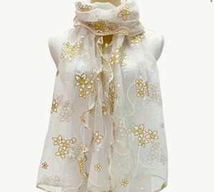 花柄刺繍スカーフ 通気性と防風性に優れたショール 旅行やアウトドアに最適 白