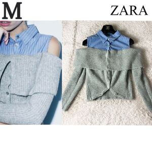 ZARA ザラ オフショルダー ストライプ ボーダー 異素材 ブラウス シャツ コントラストカットアウト ニット セーター ブルー 青 グレー M