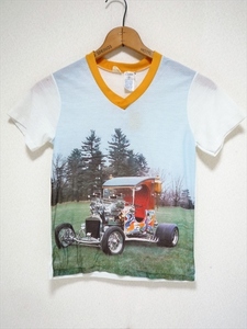 70～80’ｓ ビンテージ Tシャツ 半袖 フォトプリント メッシュ素材 HOT ROD ホットロッド Vネック XS位 100％ポリエステル Carter