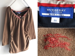 BURBERRY LONDON BLUE LABEL バーバリー ブルーレーベル ホースロゴ刺繍 スカーフ生地切替 ストレッチ ニットフリース プルオーバー 38 茶