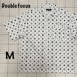 ダブルフォーカス【Doublefocus】オープンカラー半袖シャツ 開襟 V開き アロハ？ボタンシャツ オーバーサイズ M ホワイト×ブラック/白黒